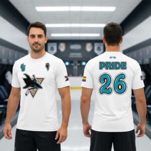 San Jose Sharks Pride Group Night 2026 Shirt Hoodie: Teal hoodie with rainbow-triangle shark logo, Pride flag sleeve, and back 'PRIDE 26'.