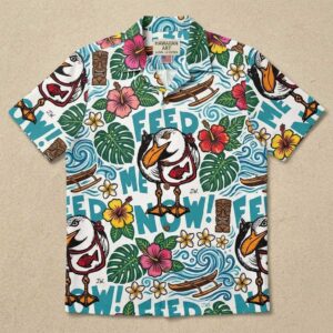 Seagull Feed Me Now Hawaiin Shirt featuring cartoon seagulls, 'FEED ME! NOW!' text, tropical flowers, and ocean waves.