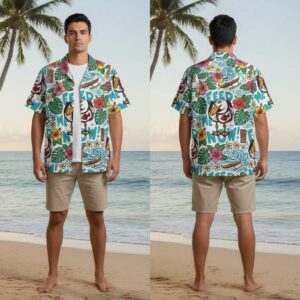 Seagull Feed Me Now Hawaiin Shirt featuring cartoon seagulls, 'FEED ME! NOW!' text, tropical flowers, and ocean waves.
