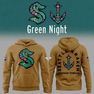 Green Seattle Kraken Green Night Kraken Common Thread 2026 Hoodie T Shirt with floral 'S' logo & botanical anchor design.