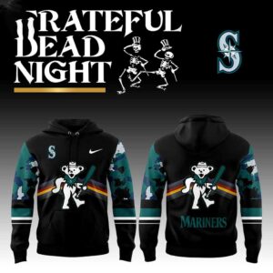 Seattle Mariners Grateful Dead Night 2026 Hoodie featuring a bear with a bat, Mariners logo, and camouflage sleeves.