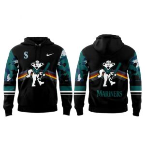 Seattle Mariners Grateful Dead Night 2026 Hoodie featuring a bear with a bat, Mariners logo, and camouflage sleeves.
