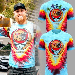 Sf 49ers Grateful Dead Shirt: Tie-dye tee with skull wearing a 49ers helmet, 'Grateful 49ER Faithful' motto, and dancing bears.