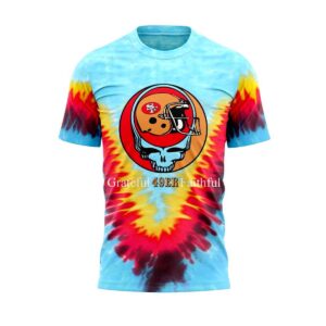 Sf 49ers Grateful Dead Shirt: Tie-dye tee with skull wearing a 49ers helmet, 'Grateful 49ER Faithful' motto, and dancing bears.