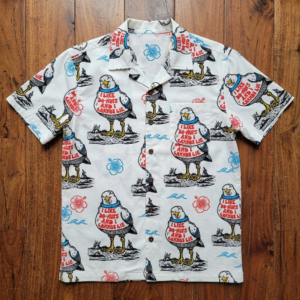 Sir Chips A Lot I LIKE DO-NUTS AND I CANNOT LIE Hawaiin Shirt: white with funny seagulls, 'I LIKE DO-NUTS AND I CANNOT LIE' hearts, hibiscus, waves.