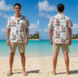 Sir Chips A Lot I LIKE DO-NUTS AND I CANNOT LIE Hawaiin Shirt: white with funny seagulls, 'I LIKE DO-NUTS AND I CANNOT LIE' hearts, hibiscus, waves.