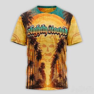Slightly Stoopid Road Trippin Summer Tour 2026 Tee Hoodie with sunset, palm trees forming a skull, and tour dates.