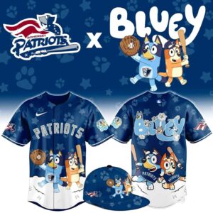 Somerset Patriots Bluey Night Jersey worn by two players, featuring Bluey and Bingo playing baseball on a blue paw print design.