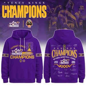 Sydney Kings 2026 NBL Champions Special Edition Limited Hoodie, purple with championship graphics, gold lettering, trophy, team logo, & player signatures.