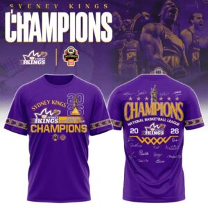 Sydney Kings 2026 NBL Champions Special Edition Limited Hoodie, purple with championship graphics, gold lettering, trophy, team logo, & player signatures.