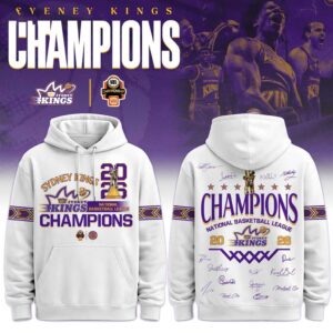 Sydney Kings 2026 NBL Champions Special Edition Limited Hoodie, purple with championship graphics, gold lettering, trophy, team logo, & player signatures.