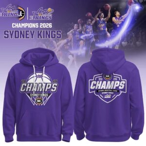 Sydney Kings 2026 NBL Champions Tee Hoodie in purple, featuring '20 CHAMPS 26' basketball graphic on front and back.