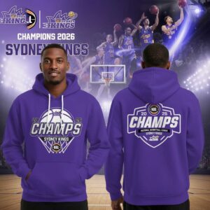 Sydney Kings 2026 NBL Champions Tee Hoodie in purple, featuring '20 CHAMPS 26' basketball graphic on front and back.