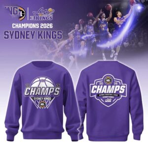 Sydney Kings 2026 NBL Champions Tee Hoodie in purple, featuring '20 CHAMPS 26' basketball graphic on front and back.