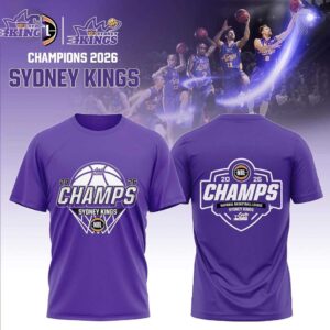 Sydney Kings 2026 NBL Champions Tee Hoodie in purple, featuring '20 CHAMPS 26' basketball graphic on front and back.