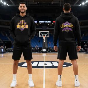 Black hoodie with Sydney Kings logo on front and NBL Champions on back. Sydney Kings Champions NBL 2026 Tee.