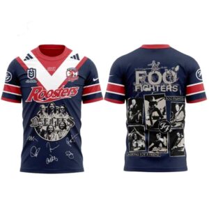 Sydney Roosters Foo Fighters 2026 Australia Stadium Tour Hoodie. Navy & red, features Roosters logo and Foo Fighters band graphics.