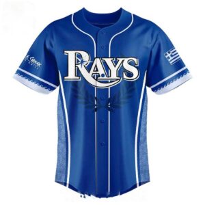 Tampa Bay Rays 2026 Greek Heritage Night Custom Baseball Jersey, royal blue, front features 'RAYS' with olive branches, back custom name/number, white trim.