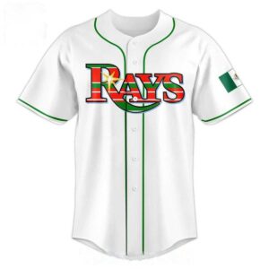 Tampa Bay Rays 2026 Meican Heritage Night Custom Baseball Jersey. White jersey, green trim, Rays logo, Mexican flag patch, custom '00' back.