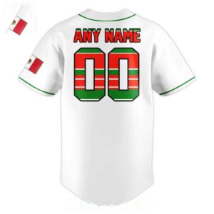 Tampa Bay Rays 2026 Meican Heritage Night Custom Baseball Jersey. White jersey, green trim, Rays logo, Mexican flag patch, custom '00' back.