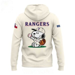 Texas Rangers Peanuts Snoopy Night 2026 Shirt Hoodie. Cream hoodie with Snoopy baseball designs on front (TEXAS) and back (RANGERS).