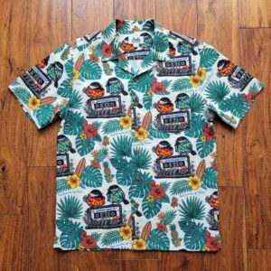 That Summer of Lovin Chickadees wearing hawaiian shirt features cartoon chickadees, boomboxes, and tropical plants on white.