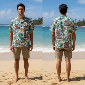 That Summer of Lovin Chickadees wearing hawaiian shirt features cartoon chickadees, boomboxes, and tropical plants on white.