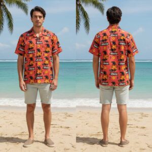 The Aloha Crow Hawaiin Shirt: Coral-red shirt with pattern of black crows in tiny floral shirts on rocks, yellow hibiscus.