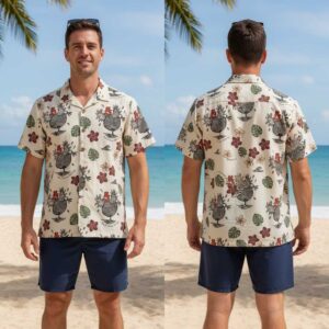The Hentrancing Dancer Hawaiin Shirt featuring a fun all-over pattern of artistic hens with tropical flowers on a cream background.