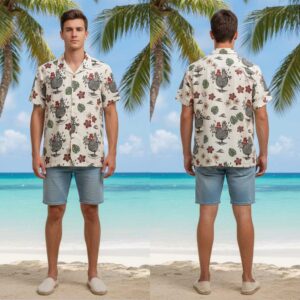 The Hentrancing Dancer Hawaiin Shirt featuring a fun all-over pattern of artistic hens with tropical flowers on a cream background.
