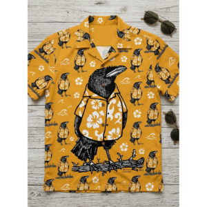 Tiki Crow wearing a Hawaiian t-shirt: stylish crow in a floral shirt on a mustard background with hibiscus & waves.