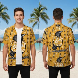 Tiki Crow wearing a Hawaiian t-shirt: stylish crow in a floral shirt on a mustard background with hibiscus & waves.