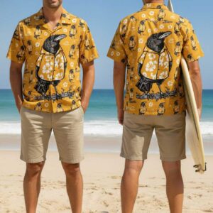 Tiki Crow wearing a Hawaiian t-shirt: stylish crow in a floral shirt on a mustard background with hibiscus & waves.