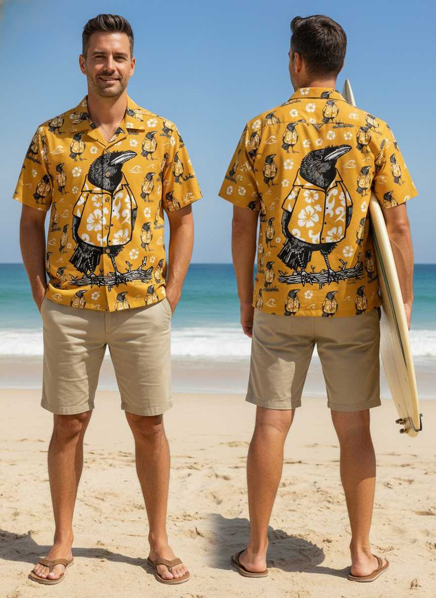 Tiki Crow wearing a Hawaiian t-shirt Tiki Crow wearing a Hawaiian t-shirt