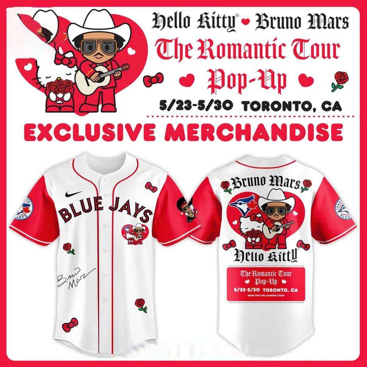 Toronto Blue Jays Hello Kitty Bruno Mars Romantic Tour 2026 Pop-Up Jersey Toronto Blue Jays Hello Kitty Bruno Mars Romantic Tour 2026 Pop-Up Jersey