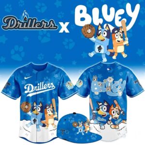 Vibrant blue Tulsa Drillers Bluey Night Jersey, front & back, with Bluey and Bingo playing baseball & stars.