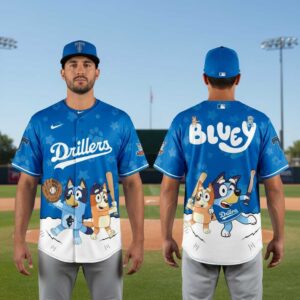 Vibrant blue Tulsa Drillers Bluey Night Jersey, front & back, with Bluey and Bingo playing baseball & stars.