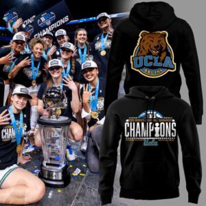 UCLA Bruins 2026 Big 10 Basketball Tournament Champions Hoodie. Black, front shows 'CHAMPIONS' with trophy, back features UCLA Bruins bear logo.