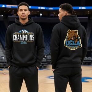UCLA Bruins 2026 Big 10 Basketball Tournament Champions Hoodie. Black, front shows 'CHAMPIONS' with trophy, back features UCLA Bruins bear logo.