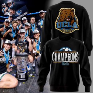 UCLA Bruins 2026 Big 10 Basketball Tournament Champions Hoodie. Black, front shows 'CHAMPIONS' with trophy, back features UCLA Bruins bear logo.