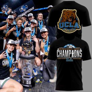 UCLA Bruins 2026 Big 10 Basketball Tournament Champions Hoodie. Black, front shows 'CHAMPIONS' with trophy, back features UCLA Bruins bear logo.