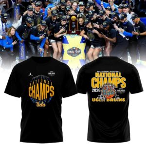 UCLA Bruins NCAA Basketball Champions 2026 Hoodie. Black, featuring gold & blue 'National Champs' graphics & basketball design.