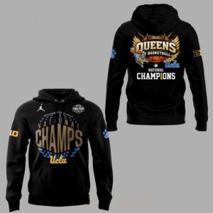 Black UCLA Bruins WBB National Champions 2026 Celebrate Tee Hoodie with bold 'NATIONAL CHAMPS' front, 'QUEENS BASKETBALL' crown and wings back.
