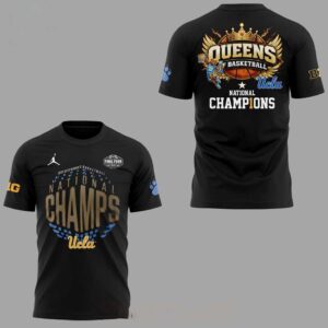 Black UCLA Bruins WBB National Champions 2026 Celebrate Tee Hoodie with bold 'NATIONAL CHAMPS' front, 'QUEENS BASKETBALL' crown and wings back.