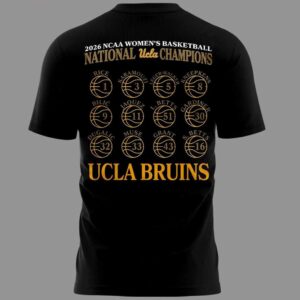 Black Ucla Bruins 2026 NCAA Women's National Champions Shirt with gold 'NATIONAL CHAMPS' front design & player list on back.