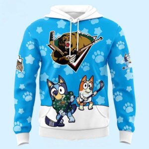 Utah Grizzlies Bluey And Bingo Game Night 2026 Tee Hoodies featuring Bluey, Bingo, and Grizzlies logo on a blue, paw-print background.