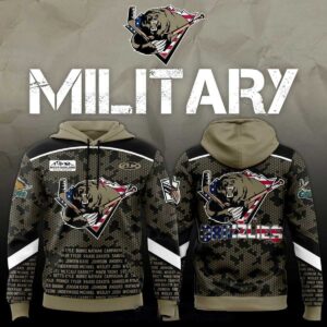 Utah Grizzlies Military Appreciation Game Night 2026 Tee Hoodies. Camo design with bear logo over US flag and 'Grizzlies' text.