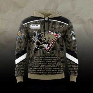 Utah Grizzlies Military Appreciation Game Night 2026 Tee Hoodies. Camo design with bear logo over US flag and 'Grizzlies' text.