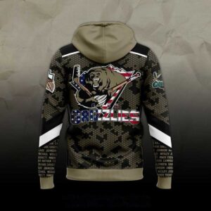 Utah Grizzlies Military Appreciation Game Night 2026 Tee Hoodies. Camo design with bear logo over US flag and 'Grizzlies' text.