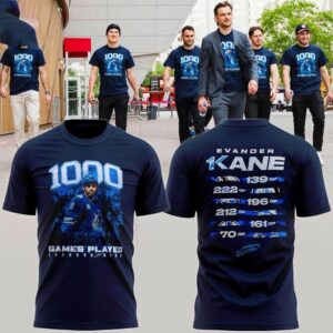 Vancouver Canucks 2026 Evander Kane's 1000th NHL Game Shirt Hoodie. Navy blue hoodie with '1000', Evander Kane in Canucks jersey, and 'GAMES PLAYED' in blue/white.